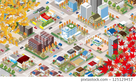 Illustration of an autumn cityscape with beautiful autumn leaves. Isometric illustration. 125129457