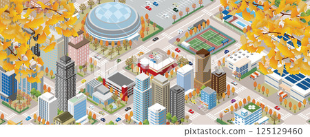 Illustration of an autumn cityscape with beautiful autumn leaves. Isometric illustration. Illustration of an autumn cityscape with beautiful autumn leaves. Isometric illustration. 125129460