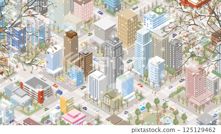 Illustration of a winter cityscape with falling snow. Isometric illustration. Illustration of a winter cityscape with falling snow. Isometric illustration. 125129462