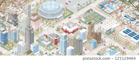 Illustration of a winter cityscape with falling snow. Isometric illustration. 125129464