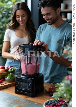 Handsome Young couple are making a smoothie in the kitchen. Happy couple are preparing healthy organic beverage. The couple smiles as they whip up a nutritious smoothie. 125129592