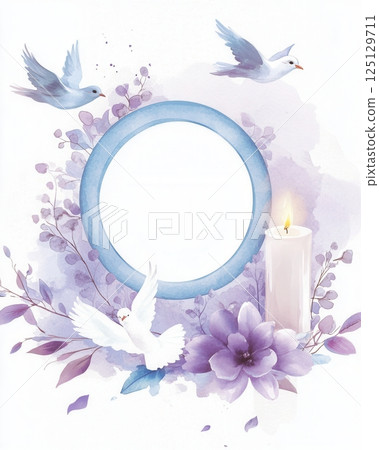 Soft watercolor funeral flyer with dove candle and empty oval portrait frame 125129711