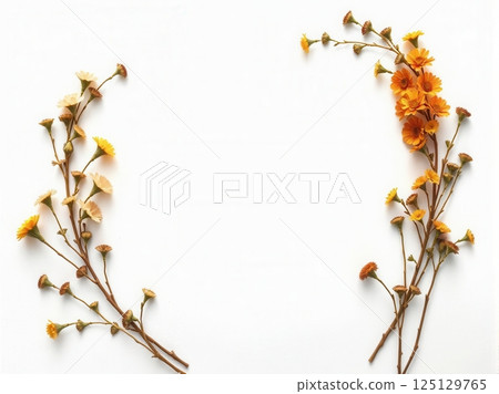 Funeral flyer template with dried flower art on white paper and blank photo space 125129765