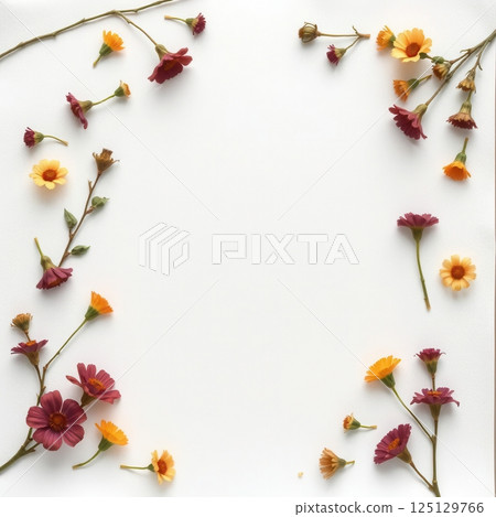 Funeral flyer template with dried flower art on white paper and blank photo space 125129766