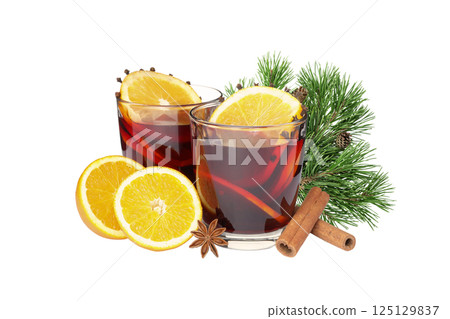 PNG, Mulled wine, drink in a glass with ingredients, isolated on white background 125129837