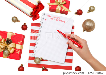 PNG, new year's resolutions, notebook with new year's decor, isolated on white background. 125129867