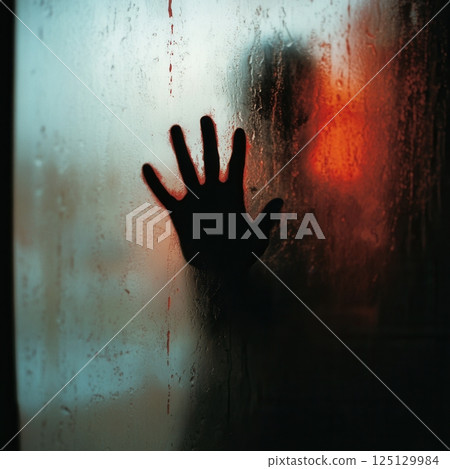Red stained droplets on foggy glass with a vague human shadow and five-fingered hand reaching out 125129984
