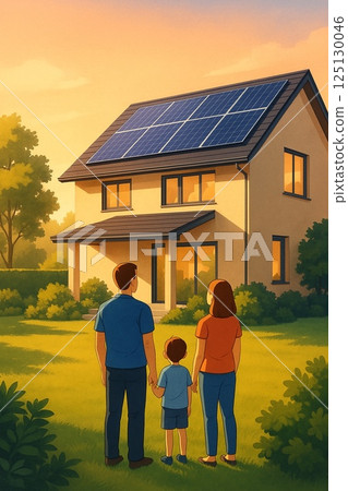 A family looking up at the solar panels of their energy-saving home A family looking up at the solar panels of their energy-saving home 125130046