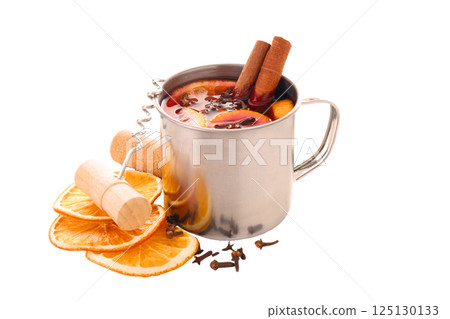 PNG, Mulled wine, drink in a glass with ingredients, isolated on white background 125130133