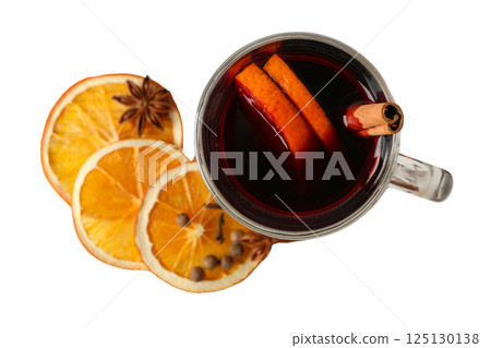 PNG, Mulled wine, drink in a glass with ingredients, isolated on white background 125130138