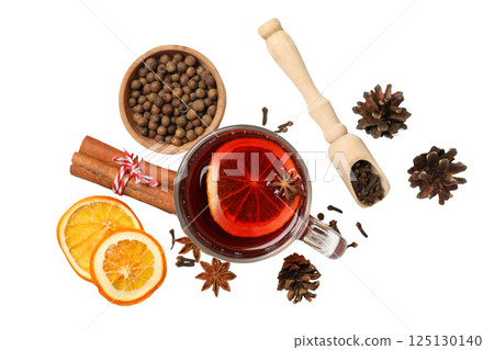 PNG, Mulled wine, drink in a glass with ingredients, isolated on white background 125130140