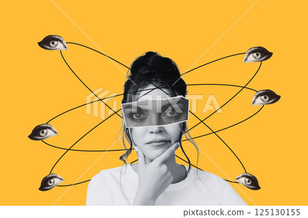 Creative design, a thoughtful girl, many eyes around. Creative design, a thoughtful girl, many eyes around. 125130155