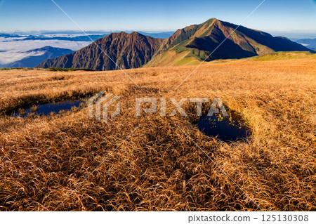 飯豐山脈大西山脊線上的池塘和大日山的景色 飯豐山脈大西山脊線上的池塘和大日山的景色 125130308