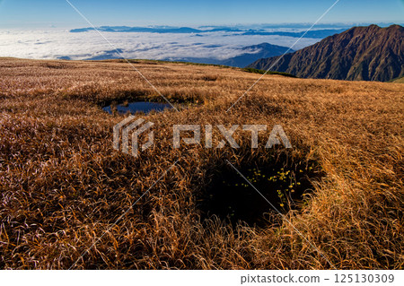 飯豐山脈、大西山脊的池塘和清晨的雲海 飯豐山脈、大西山脊的池塘和清晨的雲海 125130309