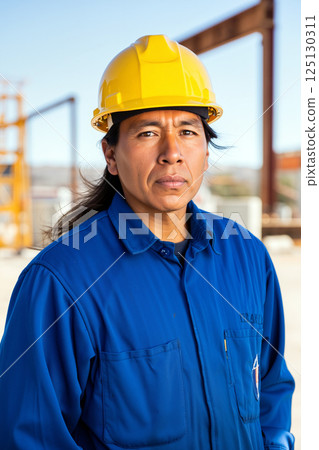 Construction Worker in Safety Gear Stands Confidently at a Job Site Under Clear Blue Sky Construction Worker in Safety Gear Stands Confidently at a Job Site Under Clear Blue Sky 125130311