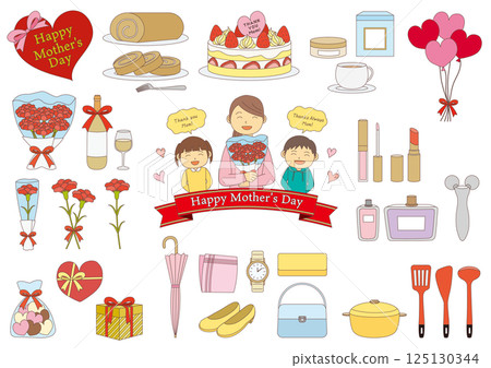 Set of illustrations of people and gifts related to Mother's Day_with main lines 125130344