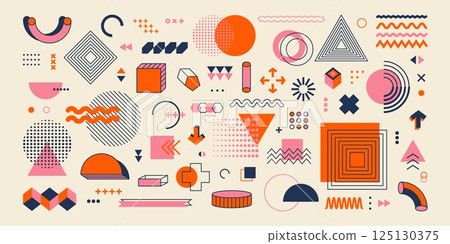 Retro memphis geometric elements. Abstract geometry shapes 80s 90s minimal style, trendy vintage bold simple minimalism figures. Vector set Retro memphis geometric elements. Abstract geometry shapes 80s 90s minimal style, trendy vintage bold simple minimalism figures. Vector set 125130375
