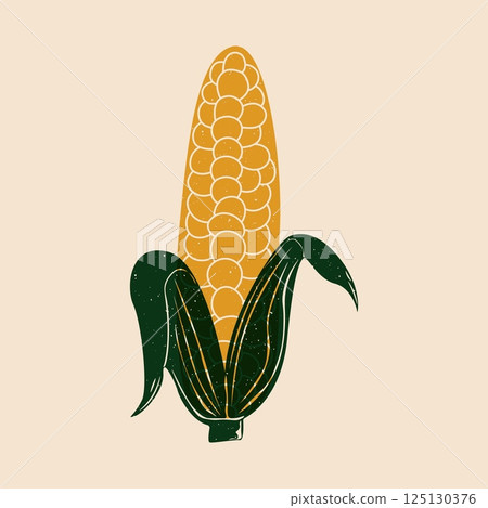 Abstract sweet corn. Fresh organic maize cobs risograph style, yellow cornmeal seeds, flat cartoon food vegetable garnish, healthy vegetarian meal. Vector isolated illustration Abstract sweet corn. Fresh organic maize cobs risograph style, yellow cornmeal seeds, flat cartoon food vegetable garnish, healthy vegetarian meal. Vector isolated illustration 125130376
