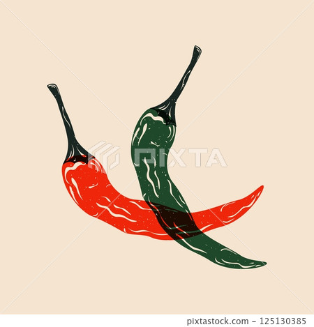 Hot chili pepper. Cartoon red spicy vegetable riso print effect, fresh organic food risograph design, healthy vegan vegetarian diet ingredient flat style. Vector illustration 125130385