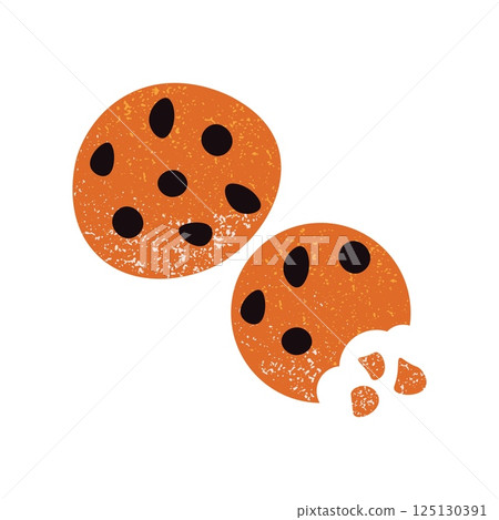 Cookies with chocolate chips. Sweet american cookie with chocolate pieces, yummy homemade pastry snack with bite taken out flat cartoon style. Vector isolated illustration 125130391