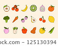 Fruits and vegetables. Cartoon fruit vegetable icons, organic food with different berries, veggies, fruits and greens, cute comic colorful flat elements. Vector isolated set 125130394