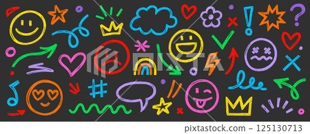 Smile brush hand drawn vector element set. Emoji fun face, heart, crown symbol crayon texture marker background kid sketch style hand drawn element. Scribble shape, smiley face. Vector Smile brush hand drawn vector element set. Emoji fun face, heart, crown symbol crayon texture marker background kid sketch style hand drawn element. Scribble shape, smiley face. Vector 125130713