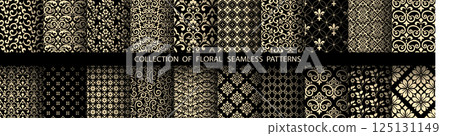 Geometric floral set of seamless patterns. Golden and black vector backgrounds. Damask graphic ornaments 125131149