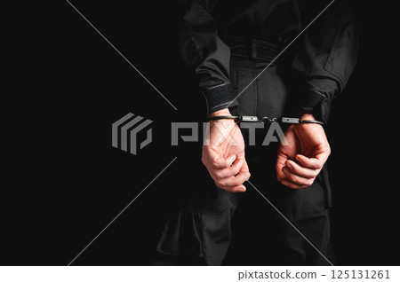 Man in uniform hands in steel handcuffs. Corruption in law enforcement, man caught breaking the law Man in uniform hands in steel handcuffs. Corruption in law enforcement, man caught breaking the law 125131261