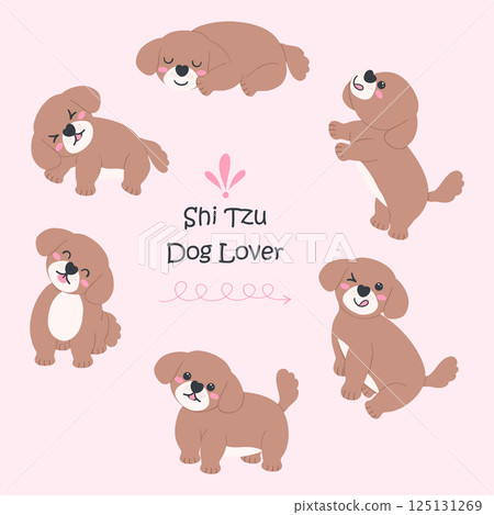 Shih Tzu Dog Cartoon Set in Cute Flat Design with Different Poses 125131269