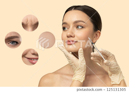Botox. Skin Care. A girl gets a botox injection, on a light background. Botox. Skin Care. A girl gets a botox injection, on a light background. 125131305