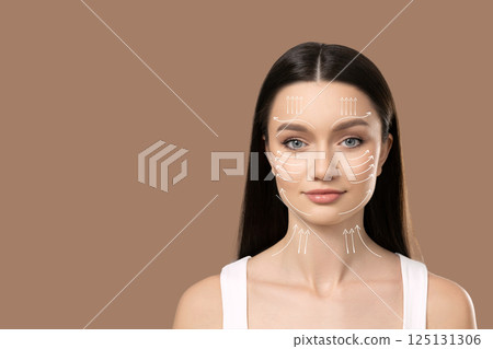 Botox. Skin Care. Facial care concept, girl with charts. 125131306