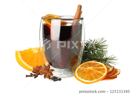 PNG, Mulled wine, drink in a glass with ingredients, isolated on white background 125131395