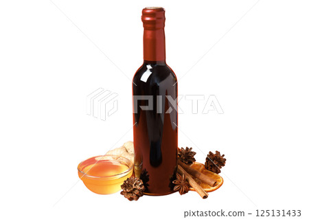 PNG, Mulled wine, bottle of wine with ingredients, isolated on white background 125131433