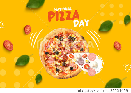 Pizza day, pizza with cuts on a yellow background 125131459