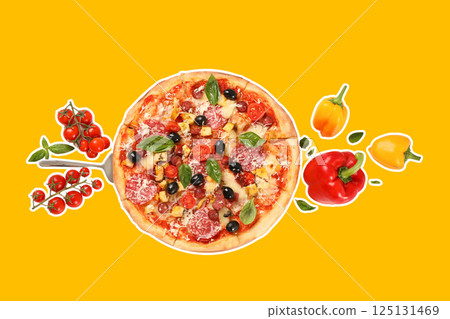 Pizza day, pizza with cuts on a yellow background 125131469