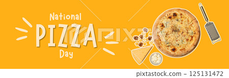 Pizza day, pizza with cuts on a yellow background 125131472