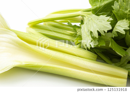 Celery leaves and stems on a white background Celery leaves and stems on a white background 125131918