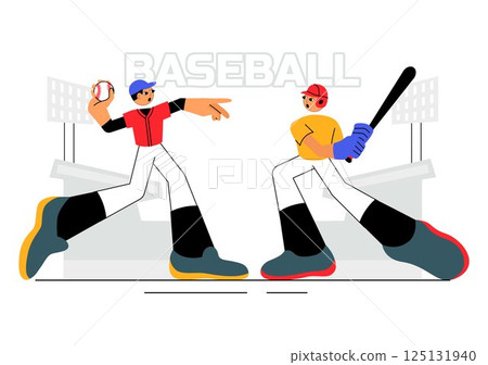 A Baseball Player Sport Vector Illustration featuring an Athlete in Uniform Throwing, Catching, or Hitting a Ball using Bats and Gloves on a Stadium 125131940