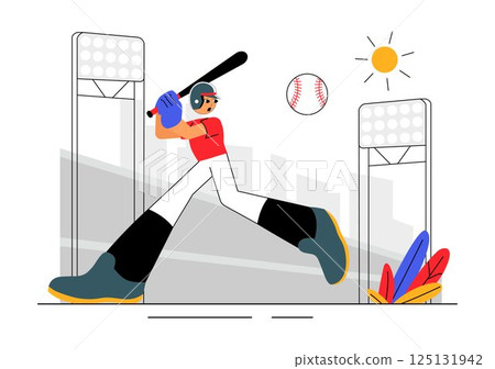 A Baseball Player Sport Vector Illustration featuring an Athlete in Uniform Throwing, Catching, or Hitting a Ball using Bats and Gloves on a Stadium A Baseball Player Sport Vector Illustration featuring an Athlete in Uniform Throwing, Catching, or Hitting a Ball using Bats and Gloves on a Stadium 125131942