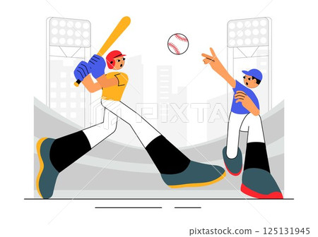 A Baseball Player Sport Vector Illustration featuring an Athlete in Uniform Throwing, Catching, or Hitting a Ball using Bats and Gloves on a Stadium 125131945