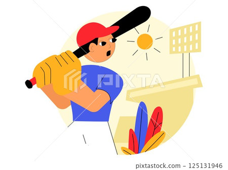 A Baseball Player Sport Vector Illustration featuring an Athlete in Uniform Throwing, Catching, or Hitting a Ball using Bats and Gloves on a Stadium A Baseball Player Sport Vector Illustration featuring an Athlete in Uniform Throwing, Catching, or Hitting a Ball using Bats and Gloves on a Stadium 125131946