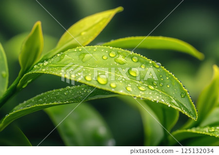 Vibrant Green Tea Leaves Glistening with Dewdrops A Close-Up Macro Photography of Lush Greenery 125132034