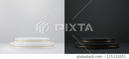White and black product podium stage. Split background showcasing circular pedestals with golden trim. Realistic 3d vector minimalistic premium product displays for luxury cosmetics presentations White and black product podium stage. Split background showcasing circular pedestals with golden trim. Realistic 3d vector minimalistic premium product displays for luxury cosmetics presentations 125132051