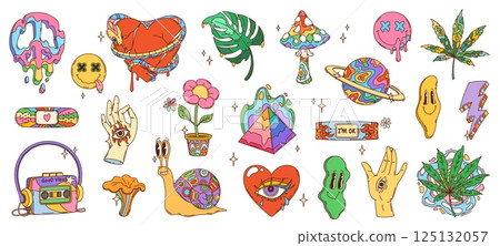 Retro hippie groovy symbols of vector psychedelic rainbow mushroom, planet, peace sign and flower, pyramid, cannabis leaves and cassette player. Funny groovy smile emojis, snail, lightning and heart Retro hippie groovy symbols of vector psychedelic rainbow mushroom, planet, peace sign and flower, pyramid, cannabis leaves and cassette player. Funny groovy smile emojis, snail, lightning and heart 125132057