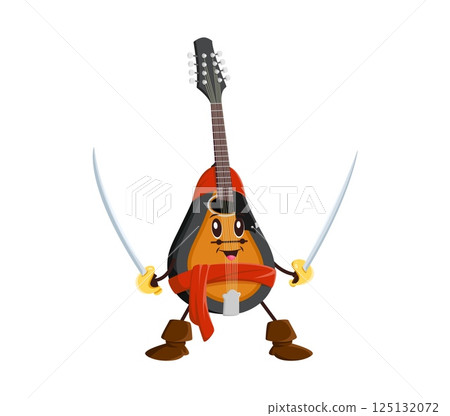 Cartoon mandolin musical instrument pirate and corsair character features cheerful face, wearing red bandana and boots and wielding two cutlasses, adding a whimsical, playful and adventurous vibe 125132072