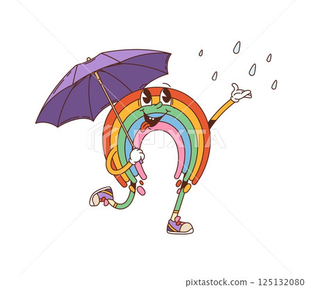 Cartoon retro groovy rainbow with umbrella and funny face, vector character. Groovy rainbow with happy smile and tongue out catching rain drops under umbrella, funky emoji character or emoticon Cartoon retro groovy rainbow with umbrella and funny face, vector character. Groovy rainbow with happy smile and tongue out catching rain drops under umbrella, funky emoji character or emoticon 125132080