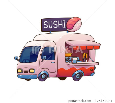 Cartoon sushi food truck car, festival street foodtruck van with large sushi sign on top. Isolated vector mobile Japanese cuisine truck with open service window displaying chopsticks, bowls and tools 125132084