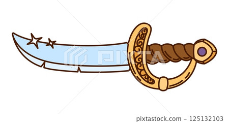 Cartoon groovy corsair and pirate sabre with a rugged blade and gemstone on its golden handle. Isolated vector retro vintage sword, symbol of danger, adventures and daring voyages on the high seas 125132103