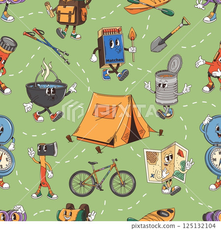 Groovy travel characters in seamless pattern of camping funny items, vector background. Cartoon groovy camper tent and kayak with compass, hiking and camp travel characters of map and backpack pattern 125132104