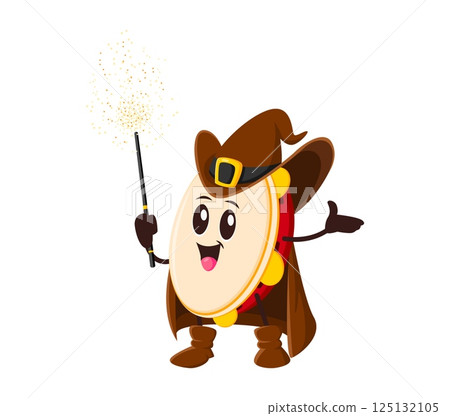 Cartoon tambourine wizard or musical instrument mage with magic wand for Halloween, vector character. Funny tambourine in sorcerer mantle and witch hat for Halloween holiday music instrument character 125132105
